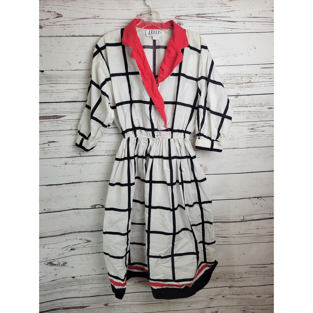 Vtg J. Ellis Dress Rockabilly White Black Red 80s Cotton Midi‎ size 12